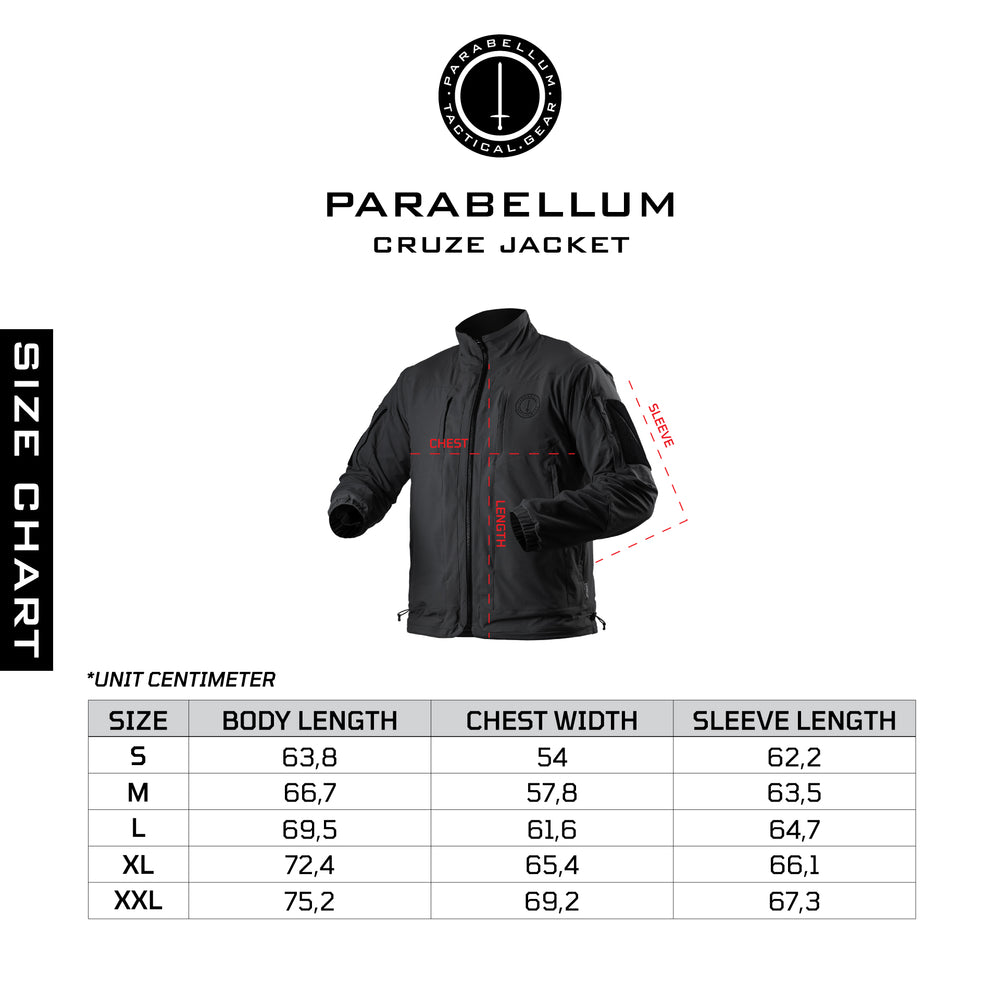 Size chart Jaket Cruze™ Hitam (Jaket & Rompi Taktis Konvertibel)