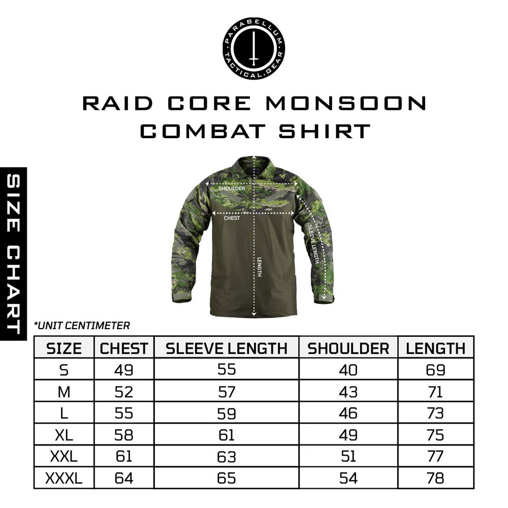 Size chart Parabellum® Raid Series : C.O.R.E Monsoon Combat Shirt