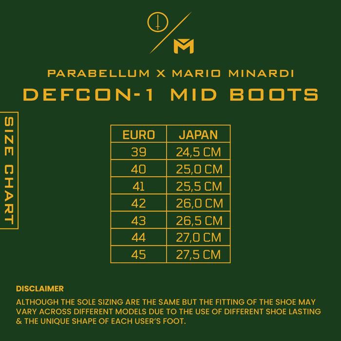 Size chart Parabellum® x Mario Minardi Defcon™