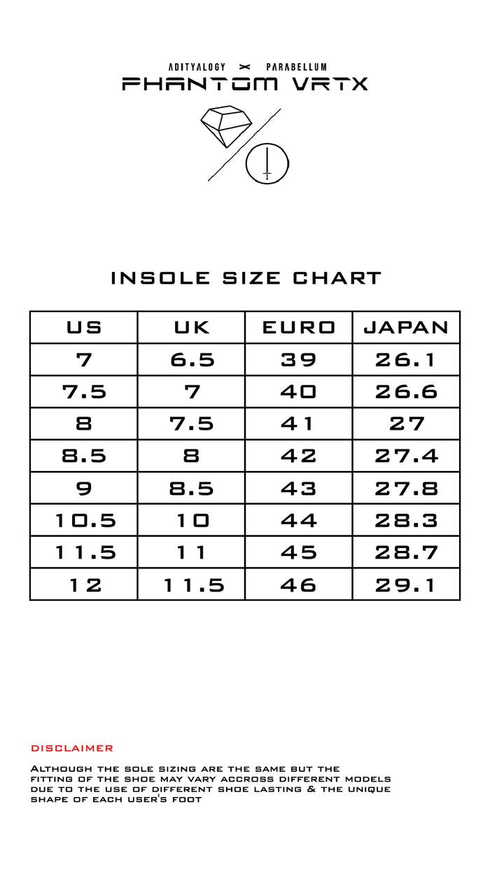 Size chart Parabellum® x Adityalogy Phantom VRTX™ Tech Sneakers